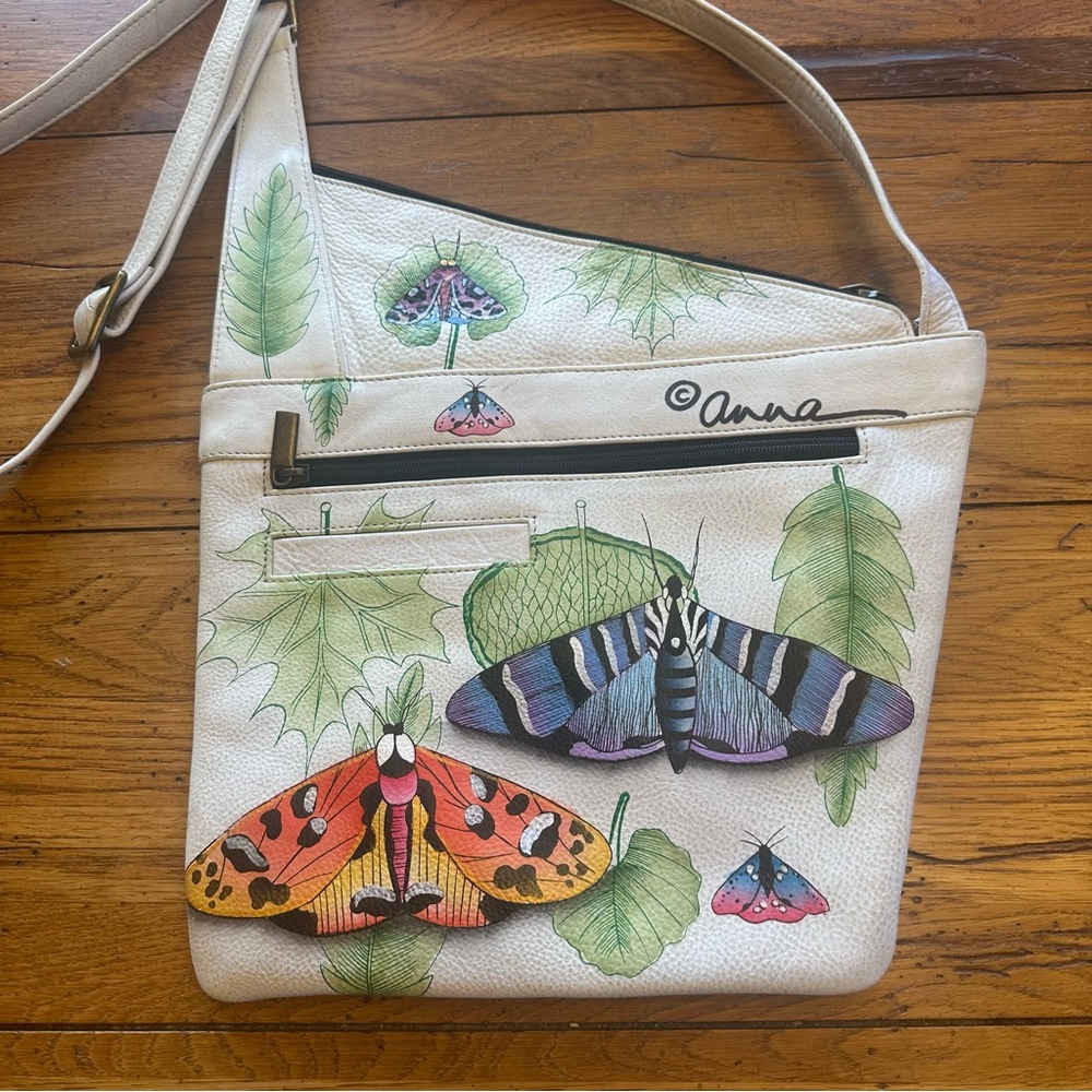 ANUSCHKA Leather Hand Painted Asymmetric Slim Crossbody Bag Butterfly Moth Print - Picture 2 of 12